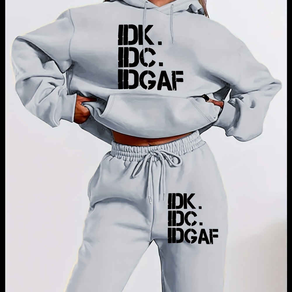 IDK IDC IDGAF Graphic Cropped Hoodie - Light Gray